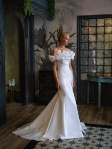 Mikado fit and flare wedding dress with a slit and detachable bolero