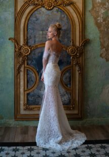 Style #2519L, Lace fit and flare wedding dress with off-the-shoulder long sleeves; available in ivory