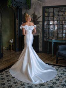 Mikado fit and flare wedding dress with a slit and detachable bolero