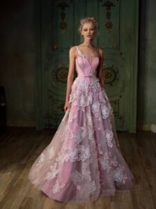 Pink floral A-line wedding dress with spaghetti straps; available in ivory or pink