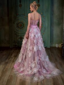 Pink floral A-line wedding dress with spaghetti straps; available in ivory or pink