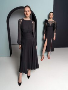 Chiffon dress with beaded shoulders