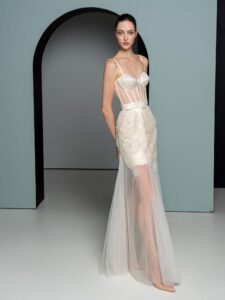 Spaghetti strap dress with bustier bodice | Color: cream