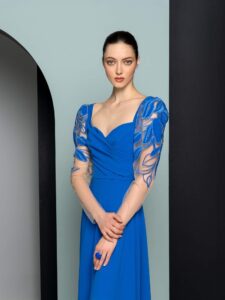 Formal gown with floral sleeve detail