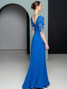 Formal gown with floral sleeve detail