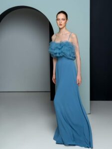 Elegant gown with ruffled tulle bodice