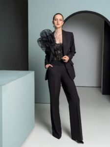 Tailored jacket with detachable flower brooch