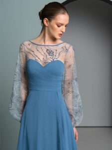 Chiffon gown with sheer lace sleeves