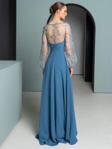 Chiffon gown with sheer lace sleeves