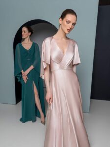Satin gown with elegant cape sleeves