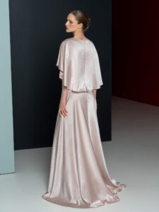Crepe satin gown with elegant cape sleeves
