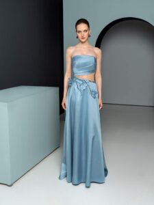 Strapless gown with floral accents