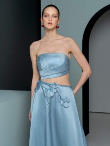 Strapless gown with floral accents