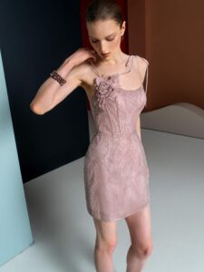 Blush lace dress with floral applique