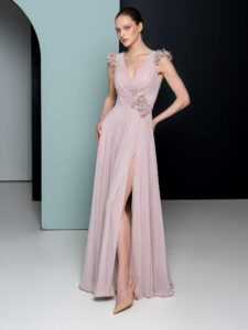 Chiffon gown with floral accents