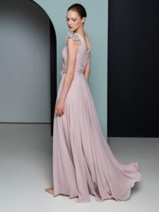 Chiffon gown with floral accents