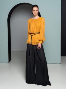 Mustard blouse and black pants set