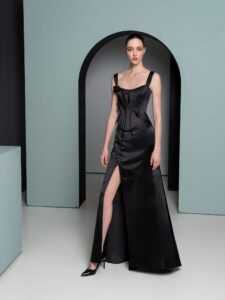 Sleek satin corset with fitted skirt