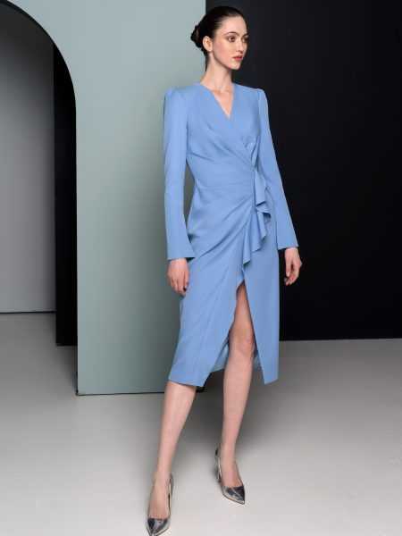 Long sleeve cocktail dress with a flounce detail