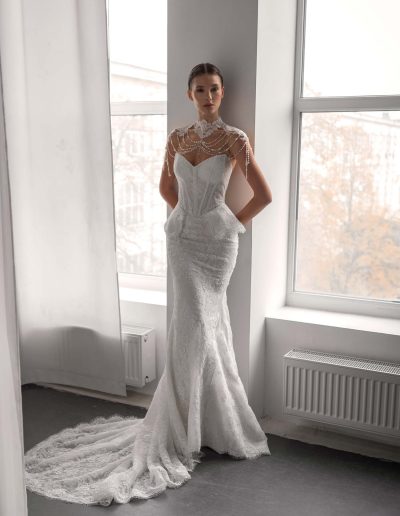 lace fit and flare wedding dress with basque waist silhouette and detachable collar, Toronto bridal shop