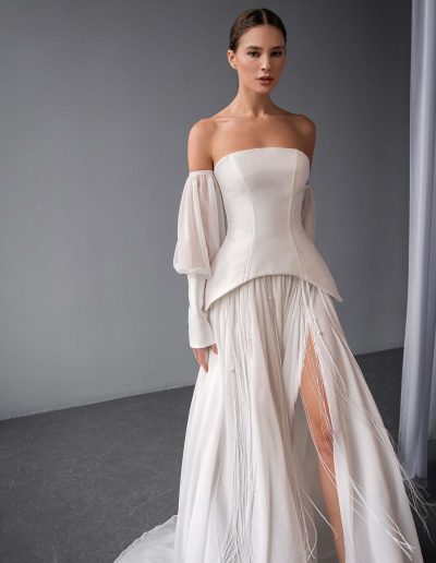 two piece wedding dress with corset top and beaded skirt by Papilio Boutique in Toronto, featuring a mikado corset and chiffon skirt with beaded threads
