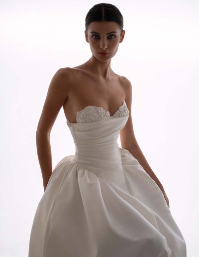 Structured satin ballgown wedding dress with cape by Papilio, strapless satin bodice with lace cups — photographed for Papilio Boutique in Toronto.