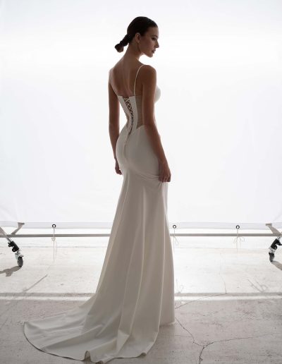 Back view of fit and flare wedding dress by Papilio Boutique, Toronto bridal store.