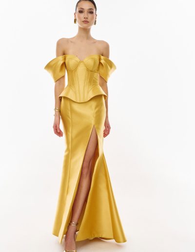 Mikado corset evening dress set with off the shoulder straps and fitted skirt by Papilio Boutique, Toronto dress shop