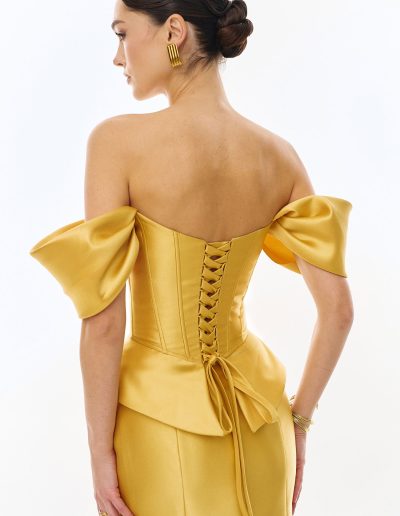 Lace-up corset evening dress set with off the shoulder straps by Papilio Boutique, dress boutique in Toronto