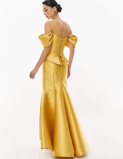 Corset evening dress set with lace-up back and fit and flare skirt by Papilio Boutique, Toronto dress shop