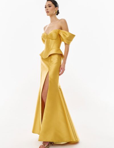 Corset evening dress set with fit and flare skirt and front slit by Papilio Boutique, Toronto dress shop