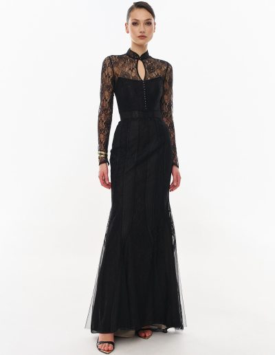 Black formal dress with long sleeves in lace by Papilio Boutique, dress boutique in Toronto