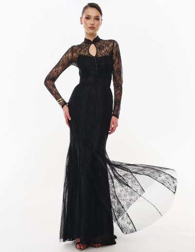 Black formal dress with long sleeves featuring lace detailing by Papilio Boutique, dress boutique in Toronto