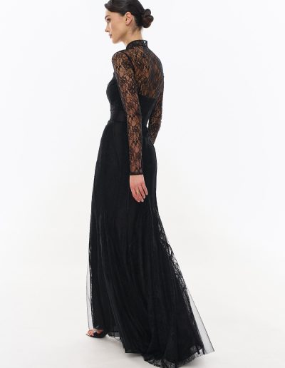 Black formal dress with long sleeves and fitted lace silhouette by Papilio Boutique, Toronto dress shop