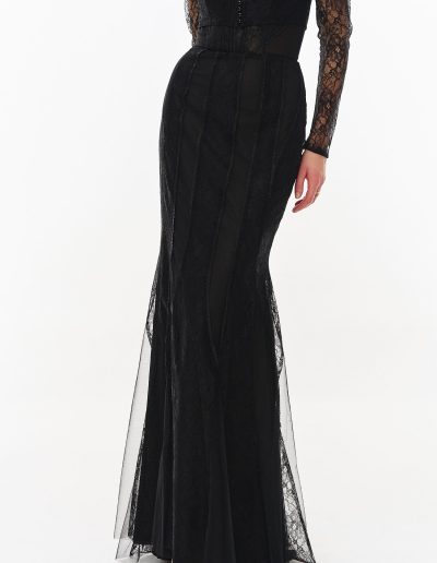 Black formal dress with long sleeves and lace bolero detail by Papilio Boutique, Toronto dress shop