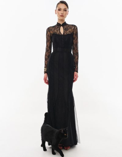 Black formal dress with long sleeves in lace by Papilio Boutique, dress boutique in Toronto