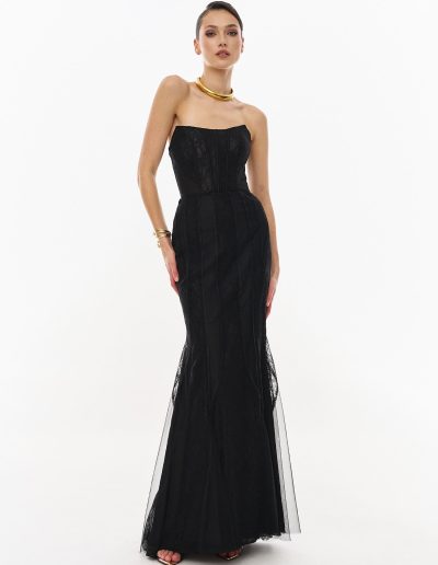 Black strapless lace formal dress with vertical lace panel design by Papilio Boutique, dress boutique in Toronto