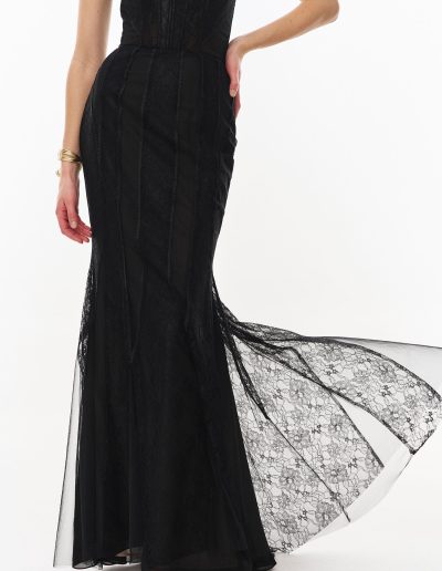 Black strapless lace formal dress featuring vertical lace stripes by Papilio Boutique, Toronto dress shop