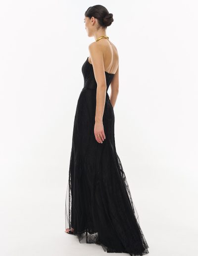 Black strapless lace formal dress with fitted silhouette and sheer lace layers by Papilio Boutique, dress boutique in Toronto