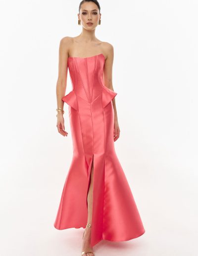 Strapless peplum formal dress in mikado with structured corset bodice by Papilio Boutique, dress boutique in Toronto