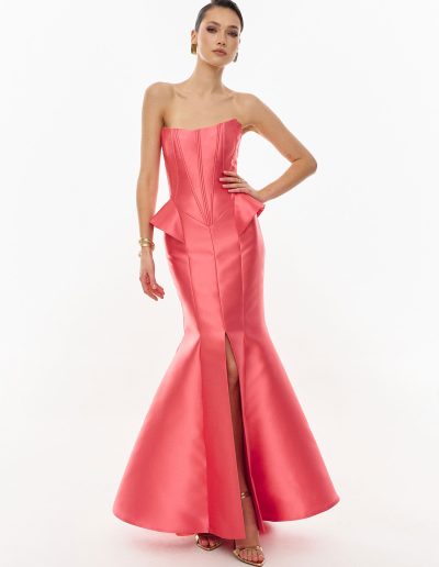 Strapless peplum formal dress with fit and flare mermaid skirt by Papilio Boutique, Toronto dress shop