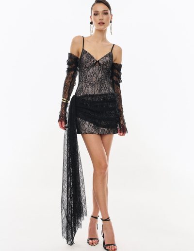 Black lace mini dress with detachable sleeves by Papilio Boutique, dress boutique in Toronto