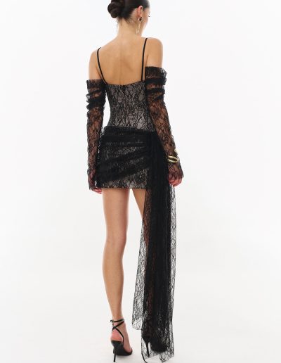 Black lace mini dress with fitted silhouette and detachable sleeves by Papilio Boutique, Toronto dress shop