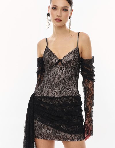 4: Black lace mini dress close-up bodice detail by Papilio Boutique, Toronto dress shop