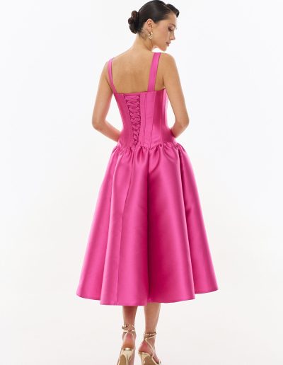 Drop waist corset formal dress back view with lace-up detail Toronto boutique