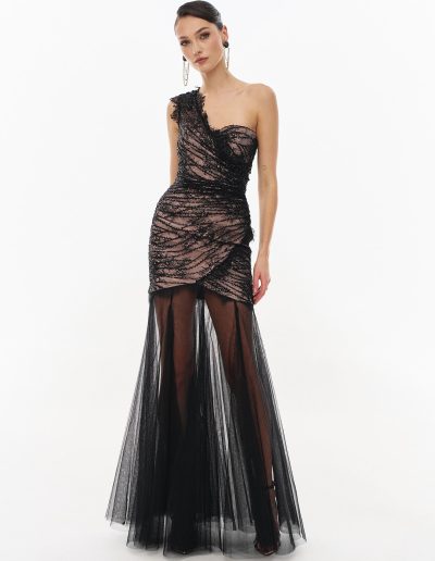 One shoulder lace evening dress with detachable tulle skirt creating floor-length silhouette by Papilio Boutique