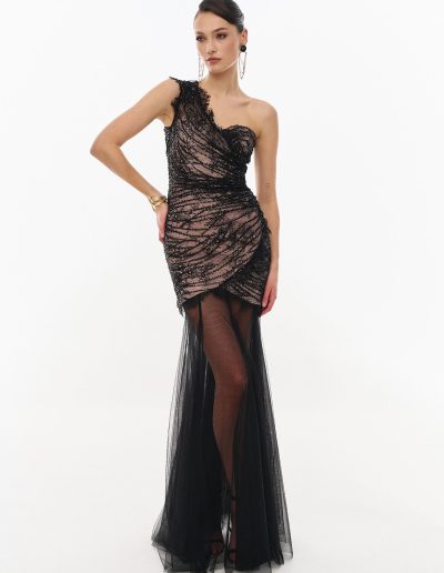 Convertible lace evening dress with sheer tulle overskirt offered at Papilio Boutique