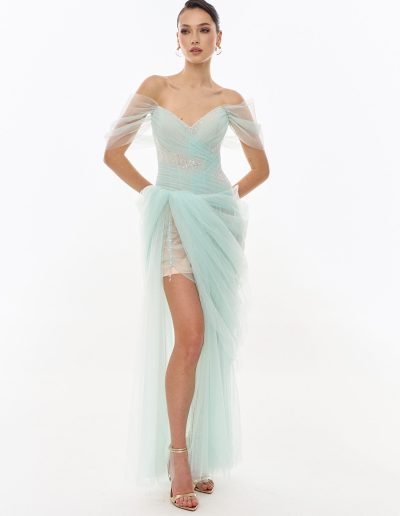 Elegant mint green evening dress.