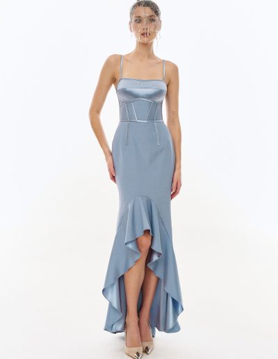 High low corset formal dress with structured bodice and flowing asymmetrical skirt by Papilio Boutique