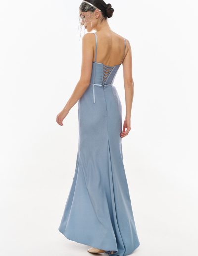 Back view of high low corset formal dress with lace up corset closure by Papilio Boutique